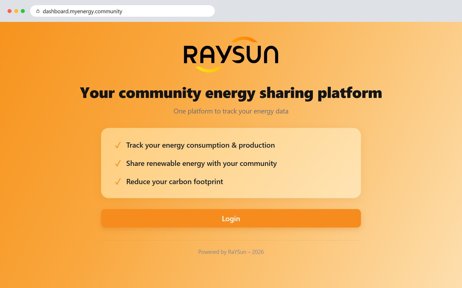 De startpagina van My Community op dashboard.myenergy.community, met de Login-knop