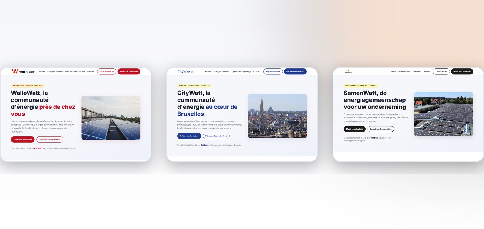Les pages d'accueil des nouveaux sites WalloWatt, CityWatt et SamenWatt