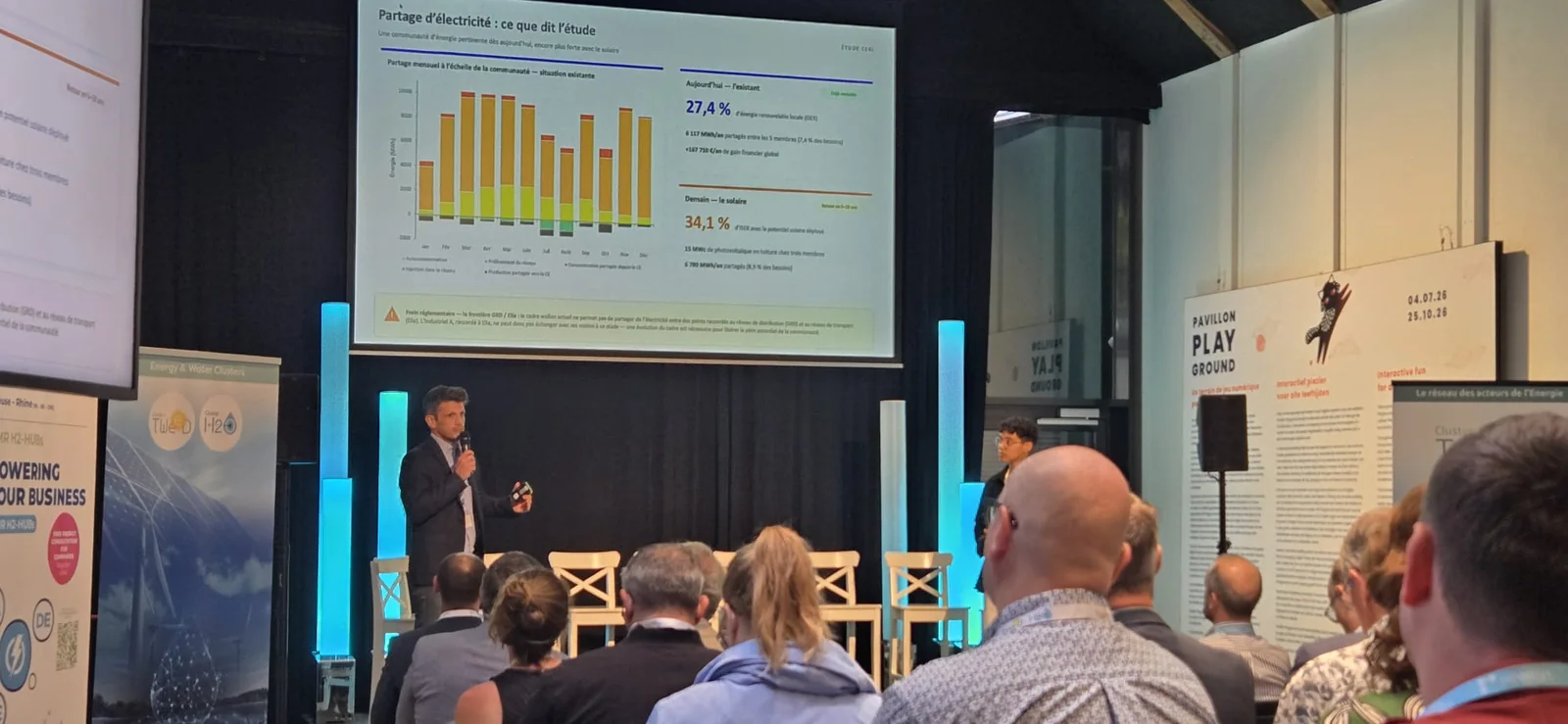 Alexis Fabre, co-CEO van RaYSun, stelt de resultaten van de CE4I-studie voor op het podium van het Indian Summer Event, in Le Pavillon in Namen